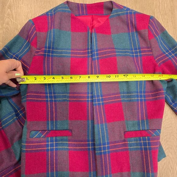 Vintage Johnny B Plaid Wool Skirt & Jacket Set Fuchsia & Teal M Classic 2-Piece - Picture 3 of 11